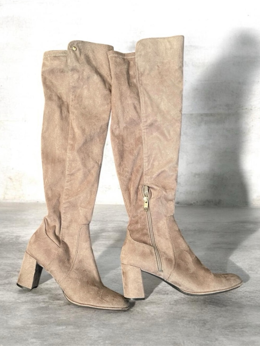 Women's Tall Taupe Suede Block Heel Boots